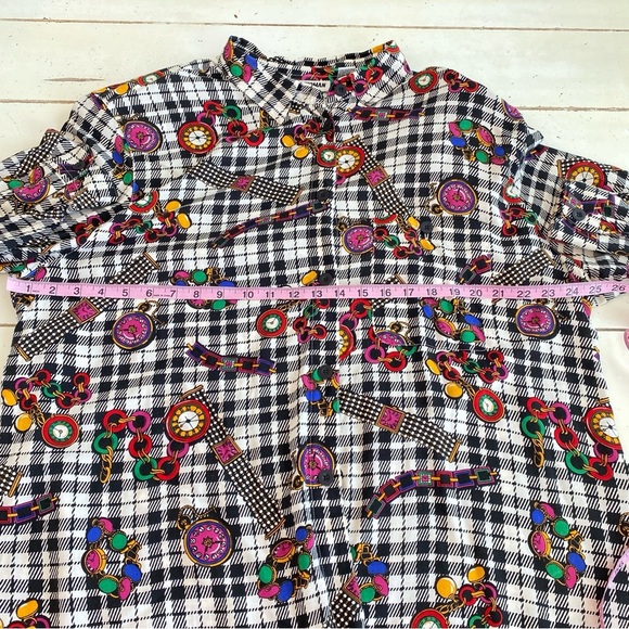Chaus Vintage 80s Top Women’s 1X Button Up Multicolor Watch Print Shoulder Pads - Picture 3 of 10